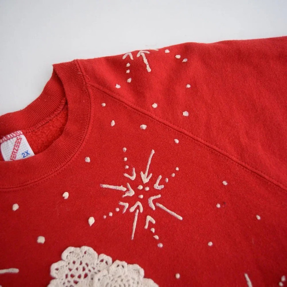 Vintage Jerzees Red Snowman Lace & Buttons &  Snowflakes Crewneck Sweater 2X - Picture 12 of 14